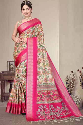 Pink cotton silk digital print saree with blouse