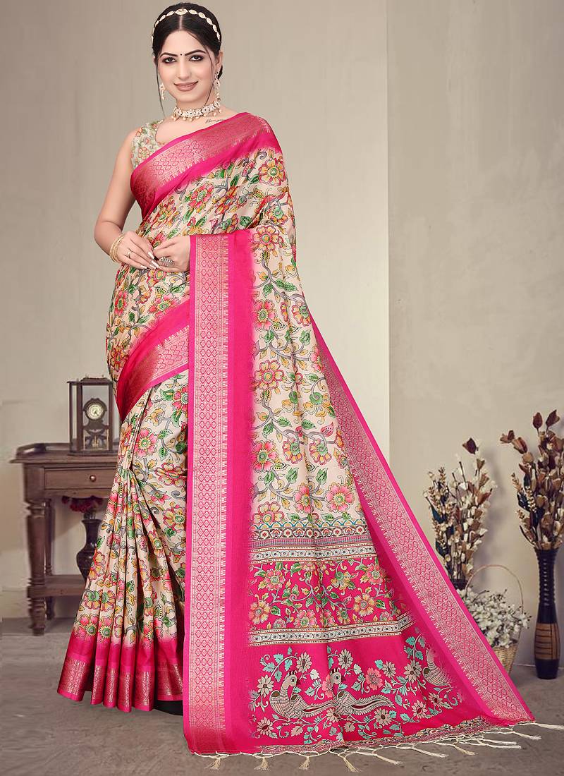 Pink cotton silk digital print saree with blouse