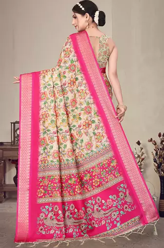 Pink cotton silk digital print saree with blouse