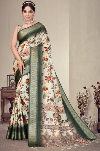 Green cotton silk digital print saree with blouse