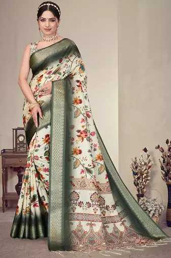Green cotton silk digital print saree with blouse