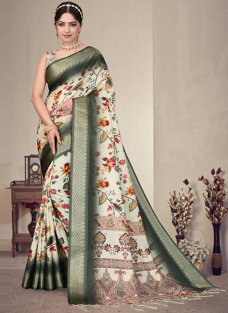Green cotton silk digital print saree with blouse