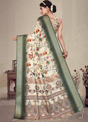 Green cotton silk digital print saree with blouse 2