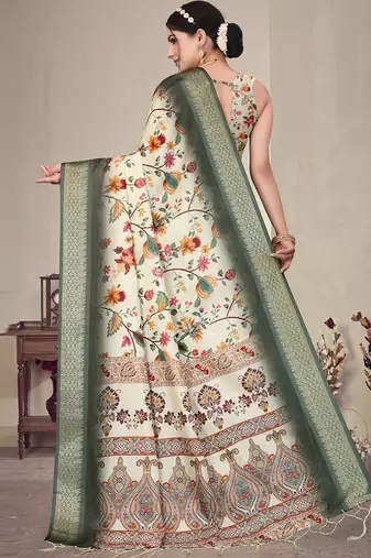 Green cotton silk digital print saree with blouse