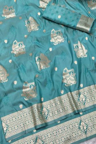 Blue zari woven baluchari silk traditional saree with blouse piece