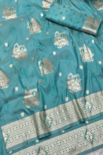 Blue zari woven baluchari silk traditional saree with blouse piece