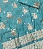 Blue zari woven baluchari silk traditional saree with blouse piece