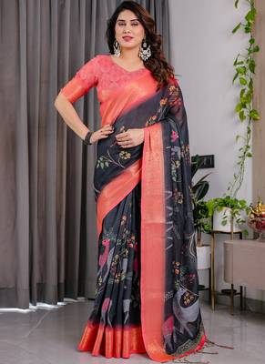 Black pure handloom linen floral printed saree 1