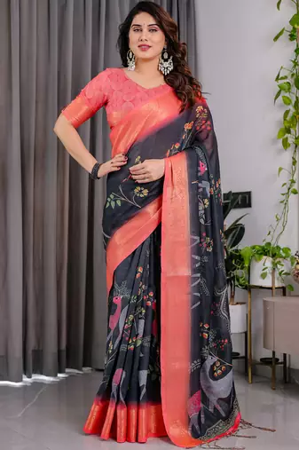 Black pure handloom linen floral printed saree