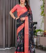 Black pure handloom linen floral printed saree