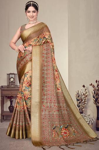 Brown cotton silk digital print saree with blouse