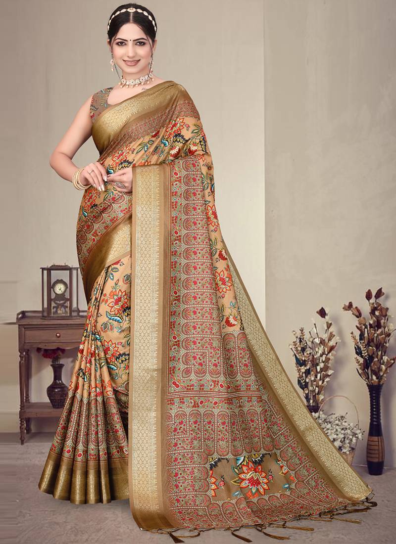 Brown cotton silk digital print saree with blouse
