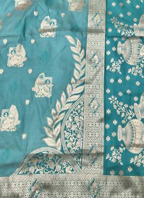 Blue zari woven baluchari silk traditional saree with blouse piece 2