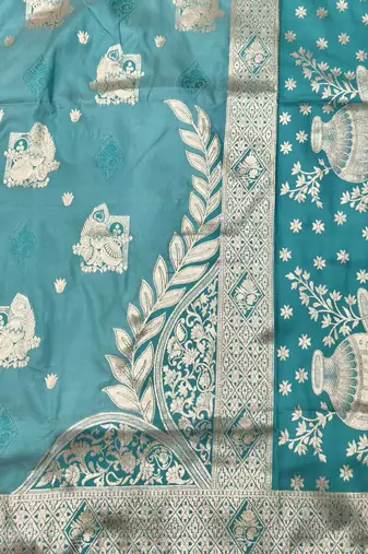 Blue zari woven baluchari silk traditional saree with blouse piece