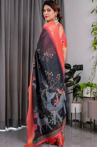 Black pure handloom linen floral printed saree