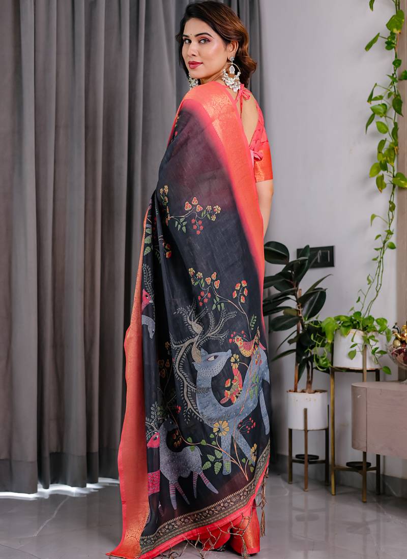 Black pure handloom linen floral printed saree