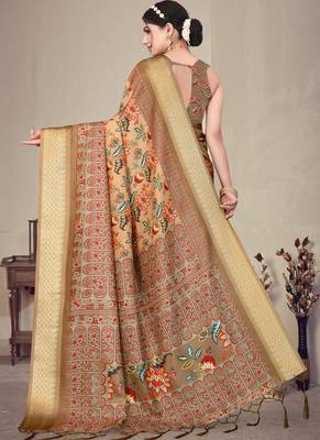 Brown cotton silk digital print saree with blouse 2
