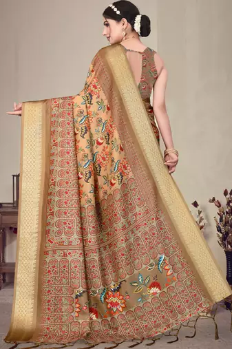 Brown cotton silk digital print saree with blouse
