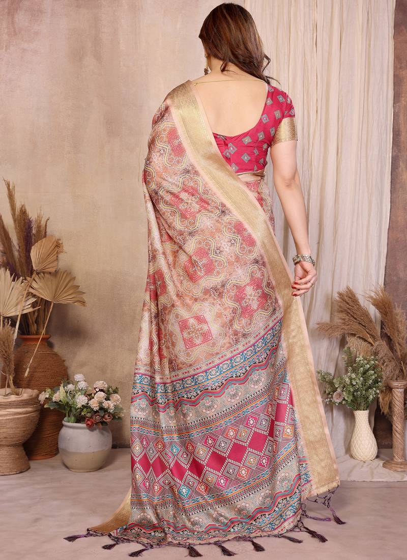 Chiku cotton silk bandhej print saree with blouse