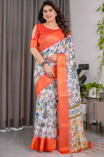 Multi color handloom linen floral printed saree