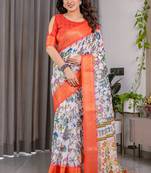 Multi color pure handloom linen floral printed saree