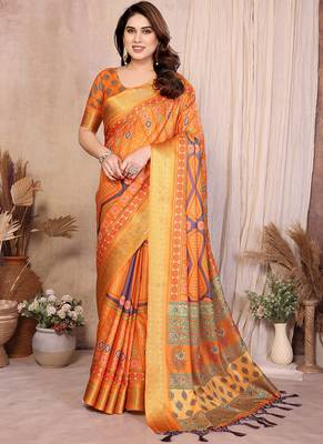 Mustard cotton silk bandhej print saree with blouse 1