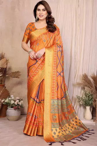 Mustard cotton silk bandhej print saree with blouse