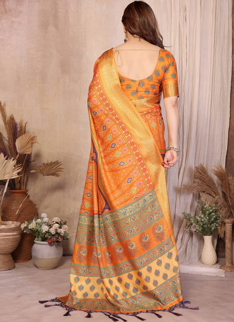Mustard cotton silk bandhej print saree with blouse