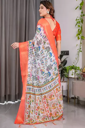 Multi color handloom linen floral printed saree
