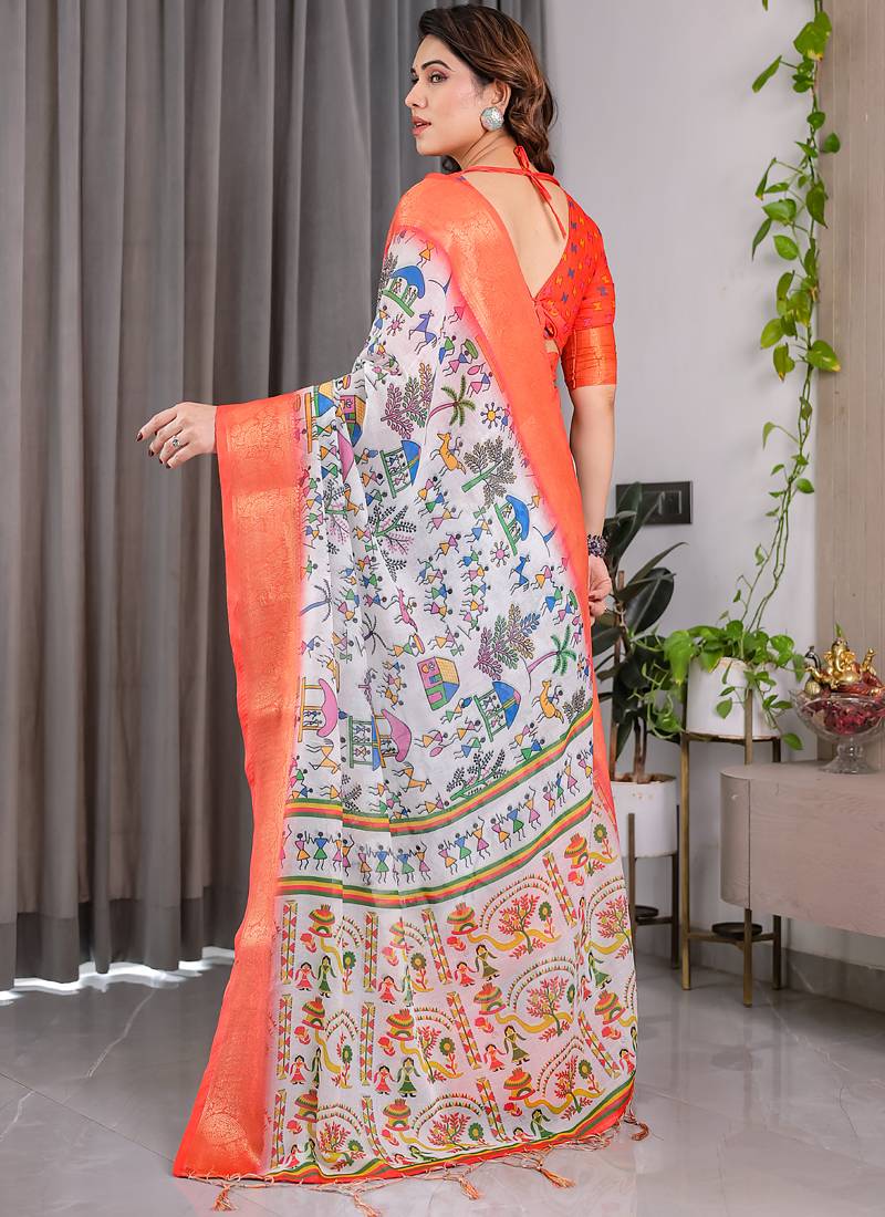 Multi color pure handloom linen floral printed saree
