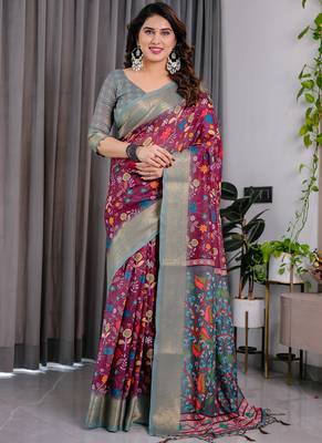 Purple pure handloom linen floral printed saree 1