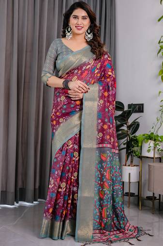 Purple pure handloom linen floral printed saree