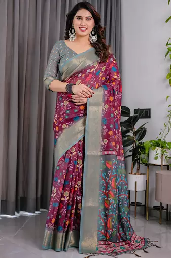 Purple pure handloom linen floral printed saree