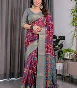 Purple pure handloom linen floral printed saree