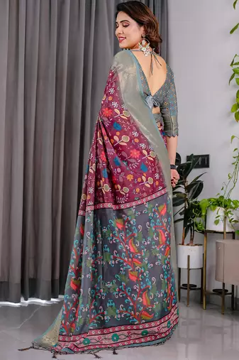 Purple pure handloom linen floral printed saree