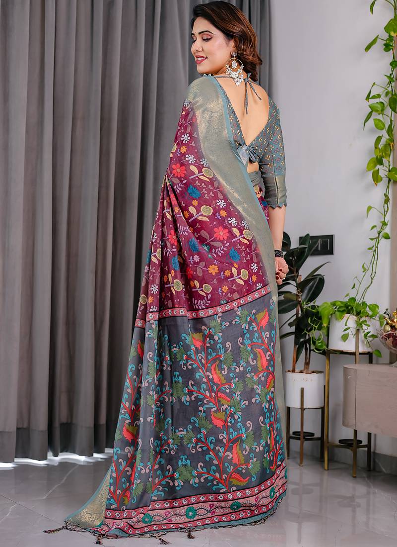 Purple pure handloom linen floral printed saree