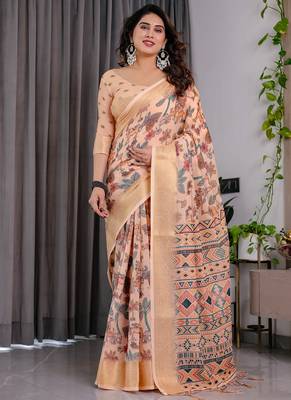 Cream pure handloom linen floral printed saree 1