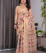 Cream pure handloom linen floral printed saree