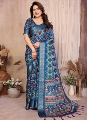 Blue cotton silk bandhej print saree with blouse 1
