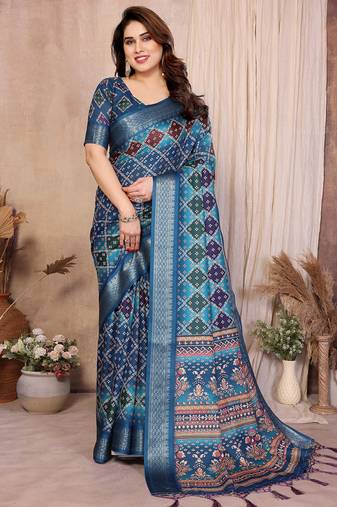 Blue cotton silk bandhej print saree with blouse