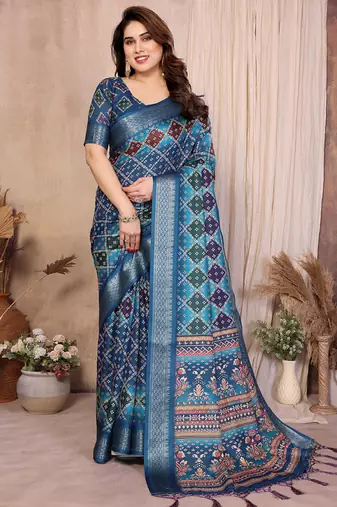 Blue cotton silk bandhej print saree with blouse