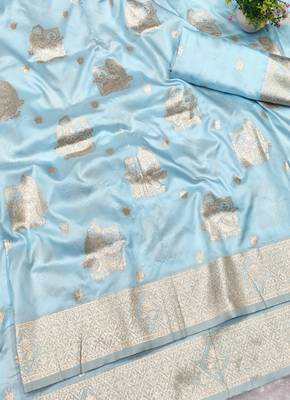 Light blue zari woven baluchari silk traditional saree with blouse piece 1
