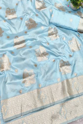 Light blue zari woven baluchari silk traditional saree with blouse piece