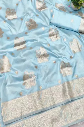 Light blue zari woven baluchari silk traditional saree with blouse piece