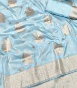 Light blue zari woven baluchari silk traditional saree with blouse piece