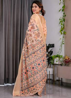 Cream pure handloom linen floral printed saree 2