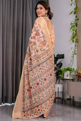 Cream pure handloom linen floral printed saree