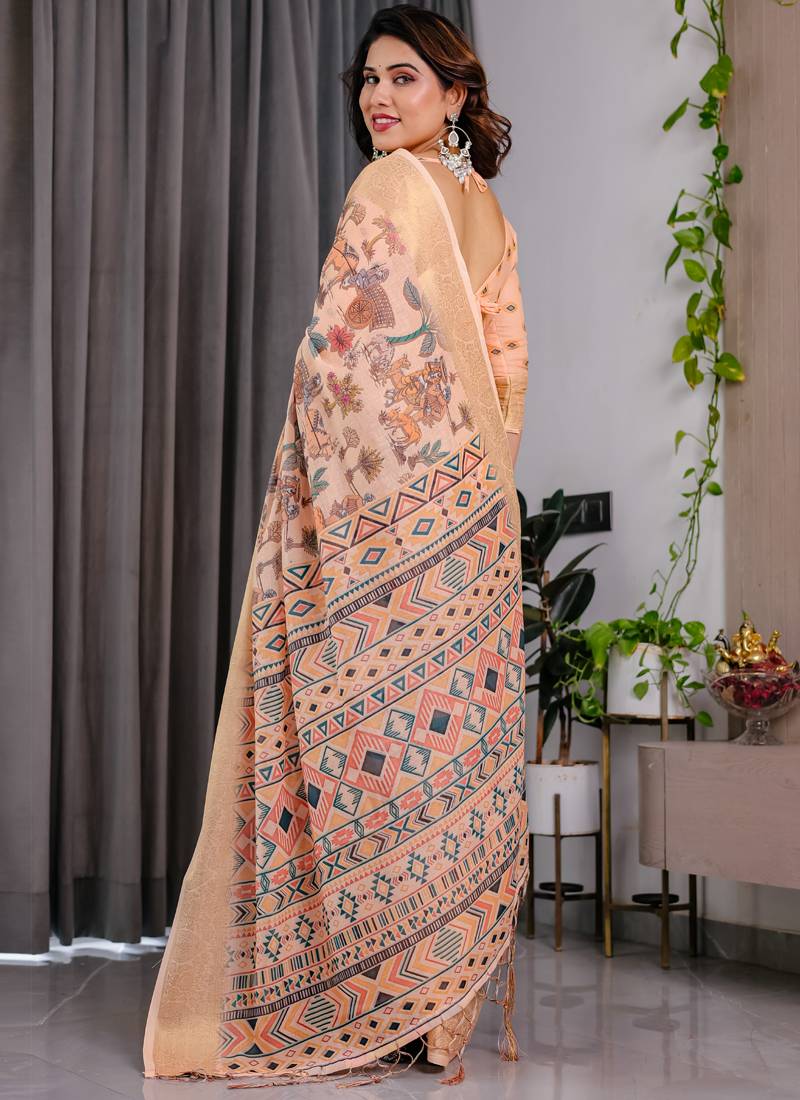 Cream pure handloom linen floral printed saree