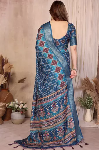 Blue cotton silk bandhej print saree with blouse