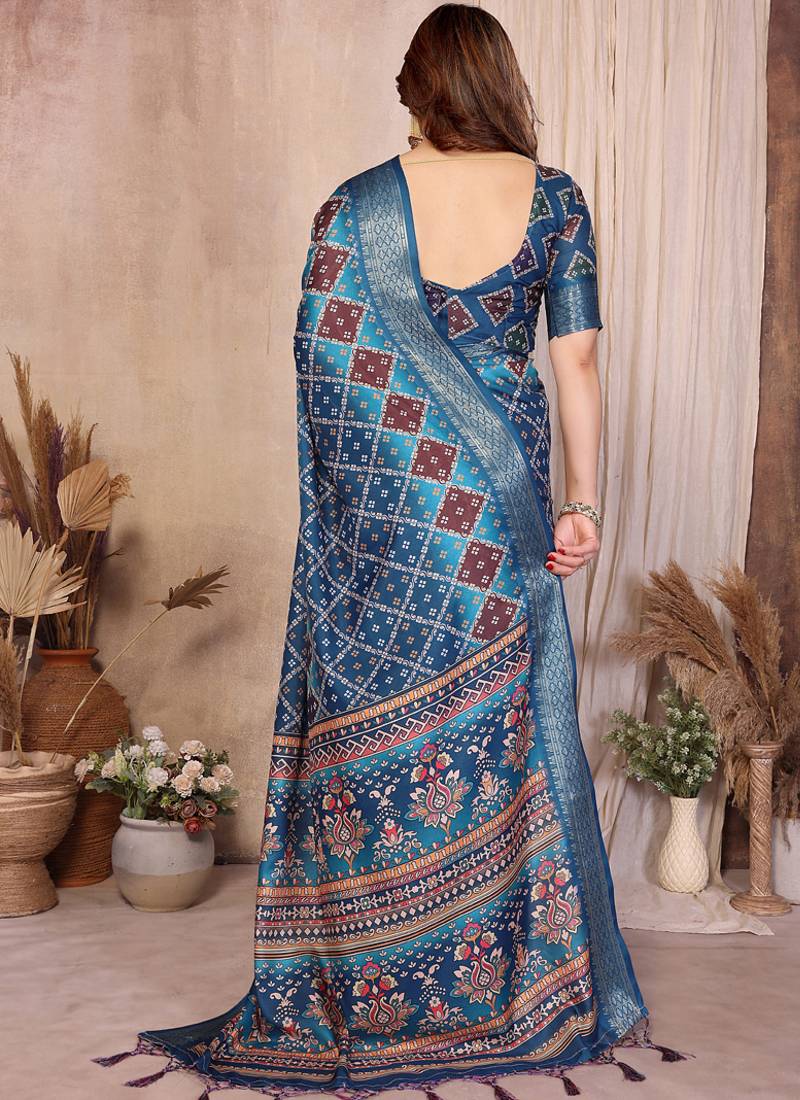 Blue cotton silk bandhej print saree with blouse